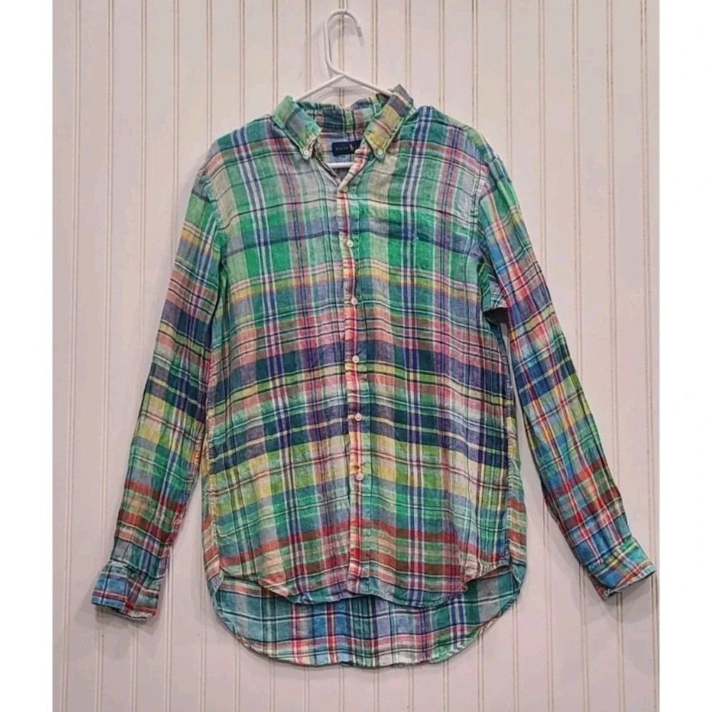Polo Ralph Lauren Button Down Shirt Size M  Linen 100% Beach Plaid